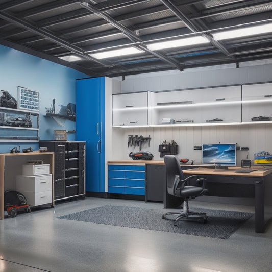 A modern garage interior with sleek cabinets, a workbench, and a sports car in the center, surrounded by a laptop and blueprints, with a subtle grid pattern in the background.
