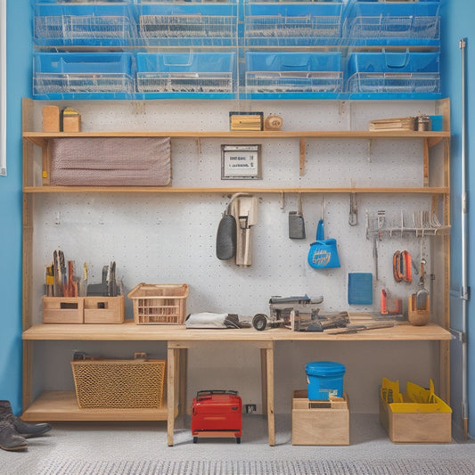 A clutter-free workshop with a pegboard featuring neatly hung tools, a labeled storage cabinet, and a rolling utility cart with organized compartments and a built-in vice.