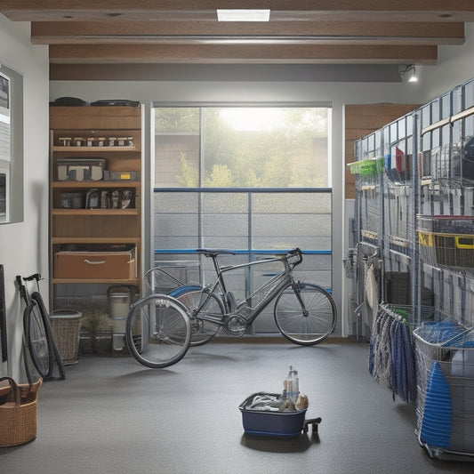 A serene, well-organized garage with a silver-haired senior effortlessly accessing a wall-mounted bike rack, surrounded by labeled storage bins and a sleek, walkable floor.