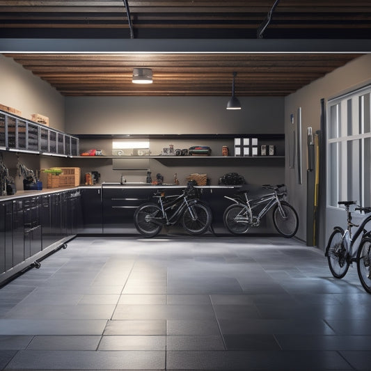 A well-lit, modern garage interior with sleek, floor-to-ceiling storage units, a shiny, black car parked in the center, and a few strategically placed bicycles and toolboxes, surrounded by a spotless, polished floor.