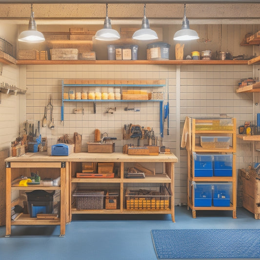 A tidy workshop with a pegboard featuring hooks, bins, and small baskets, alongside a workbench with labeled drawers, a tool chest, and a floor-to-ceiling shelving unit with labeled containers.