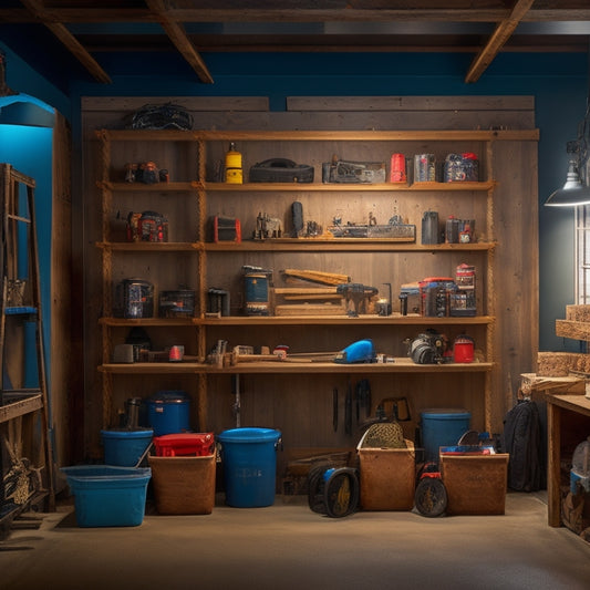 A well-lit, organized garage with sturdy, custom-built shelves made of reclaimed wood, holding various tools, bins, and storage containers, with a few power tools and a ladder in the background.