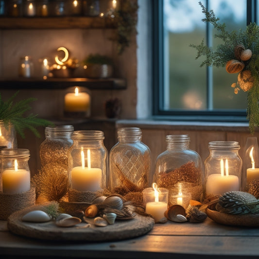 A cozy, well-lit room with a rustic wooden table, surrounded by 5-7 glass jars of varying sizes, each containing a different decorative element, such as fairy lights, seashells, or fresh greenery.