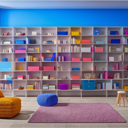 A modern, well-lit room with various shelving systems: floor-to-ceiling bookshelves, modular cube units, and wall-mounted floating shelves, each filled with an assortment of colorful storage bins, baskets, and decorative objects.