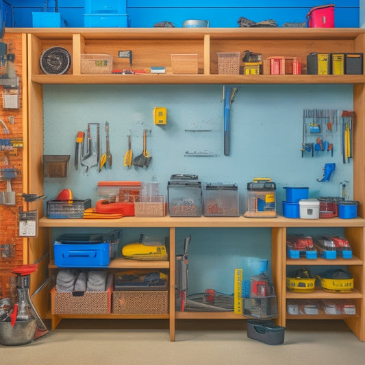 A well-organized garage with a pegboard on the wall, holding various tools and accessories, a labeled storage bin system on shelves, and a DIY workbench with a built-in vise.