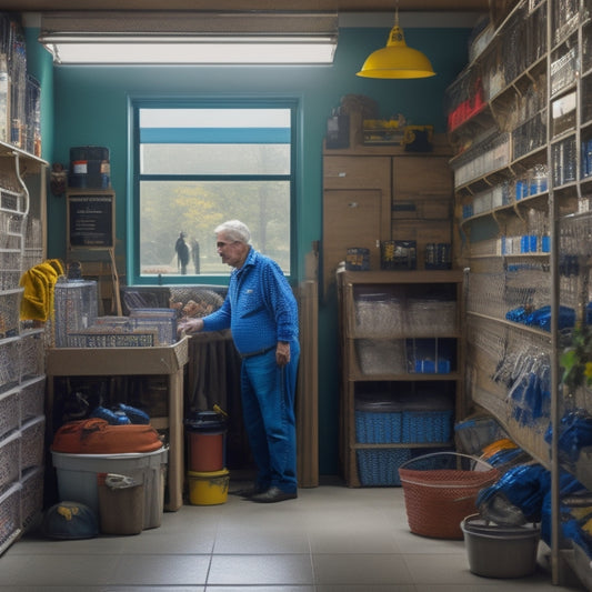 An organized garage with a senior citizen in the background, surrounded by labeled storage bins, a pegboard with hanging tools, and a clear floor with a few well-placed shelves.