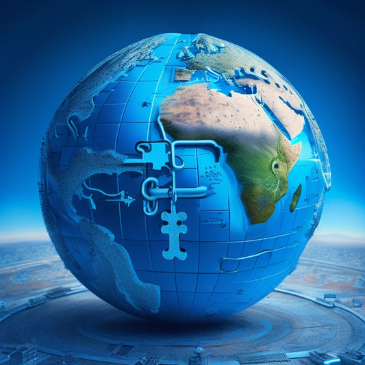 An illustration of a globe with puzzle pieces fitting into place, surrounded by interconnected locks, keys, and gears, with a subtle gradient of blue and white hues to convey security and technology.