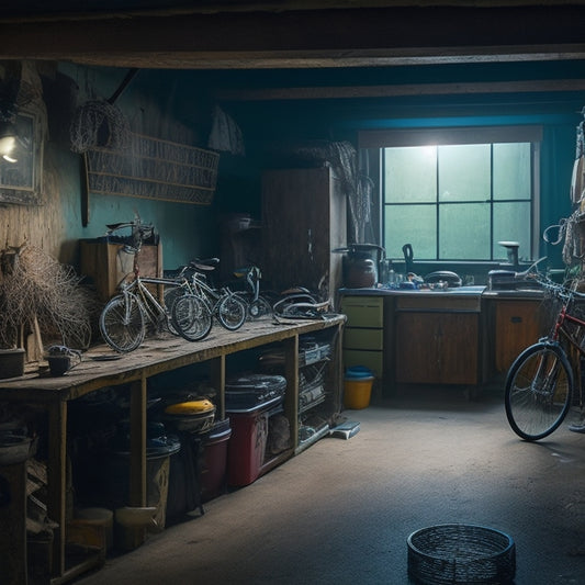 A dimly lit, cramped garage interior with scattered tools, rusty bicycles, and broken appliances, surrounded by cobwebs and dust, with a single, narrow path winding through the clutter.