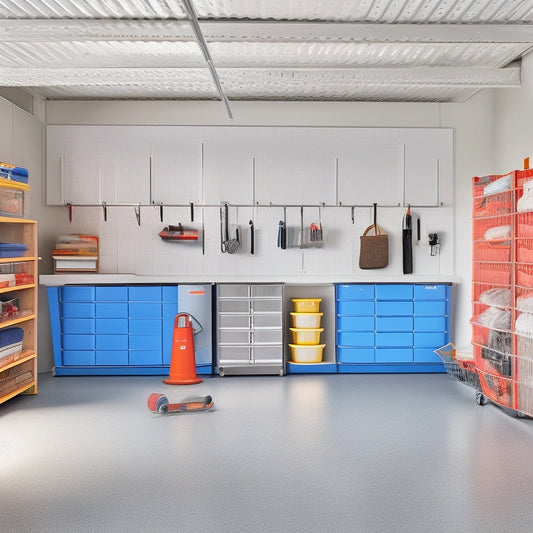 A tidy, well-lit garage with a sleek, gray epoxy floor and white walls, featuring a pegboard with hanging tools, a slatwall with baskets, and a custom cabinetry system with labeled bins.