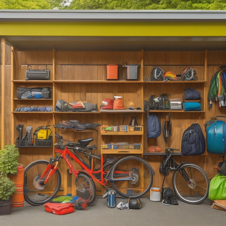 A tidy outdoor gear shed with organized shelves, hooks, and bins, surrounded by lush greenery, with a few bikes and kayaks hung from the ceiling, and a few camping gear items neatly stacked outside.