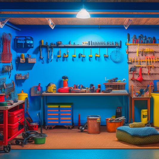 A colorful, well-lit garage or workshop with a large, wall-mounted pegboard displaying various tools and accessories, such as wrenches, hammers, and baskets, organized by category.
