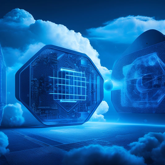 A futuristic, high-tech illustration depicting a robust, fortified Azure cloud infrastructure with interconnected, glowing blue orbs representing secure data storage, surrounded by shields and locks, set against a dark, gradient blue background.