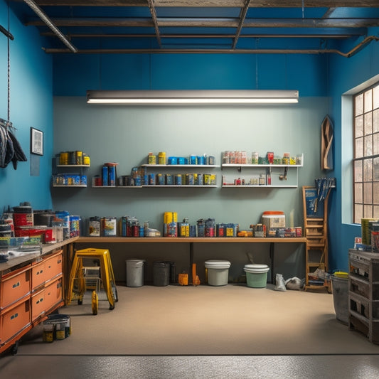 A tidy, well-lit workshop or garage with a pegboard on the wall, holding paint cans and supplies, and a few paint-splattered aprons hung from hooks, surrounded by neutral-toned walls and a polished concrete floor.