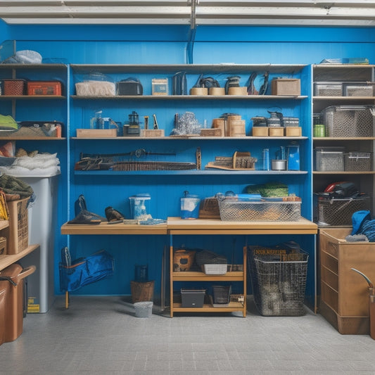 A clutter-free garage interior with a slatwall featuring hooks, bins, and baskets, a pegboard with tools, a workbench with a vice, and a floor-to-ceiling shelving unit with labeled storage containers.