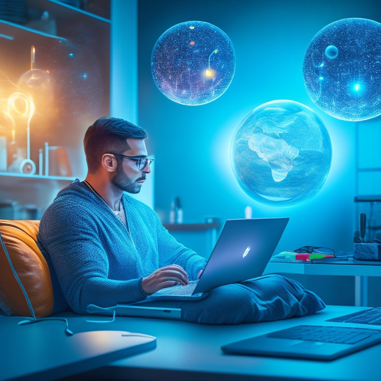 A stylized illustration of a person sitting in front of a laptop, surrounded by glowing orbs representing different online health resources, with stethoscopes, pills, and fitness trackers orbiting around them.