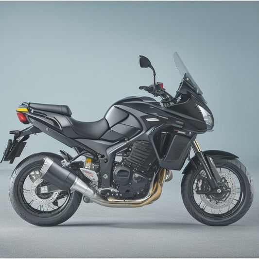 A sleek, black motorcycle stands on a white background, adorned with GIVI accessories, including a top case, side cases, and engine guards, with subtle shadows and reflective surfaces.