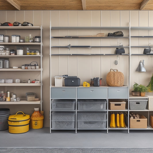 A clutter-free garage with sleek, industrial-style shelves in a metallic gray tone, adorned with neatly arranged tools and storage bins, set against a warm, beige-colored concrete wall.