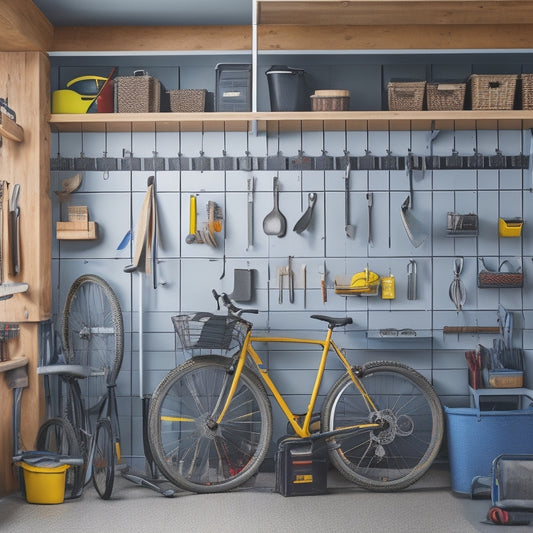 A clutter-free garage with a pegboard on the wall, holding various tools and accessories, alongside a slotted storage system, baskets, and bins, with a few bicycles and a workbench in the background.