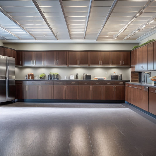 A sleek, modern garage interior with custom-designed, floor-to-ceiling cabinets in a rich, dark wood tone, adorned with polished chrome handles, and a gleaming epoxy-coated floor.