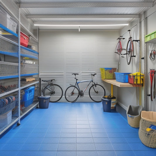 A well-organized garage with a sleek epoxy-coated floor, neatly labeled storage bins on shelves, and a Pegboard with hung tools, beneath a row of overhead storage racks and a few bicycles suspended from the ceiling.