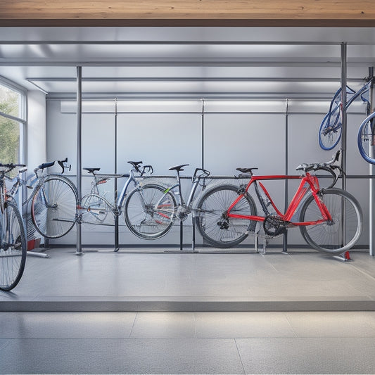 A clutter-free garage with a sleek, silver bike storage rack holding three bicycles, each with a different design and color, suspended from the ceiling, surrounded by ample floor space.