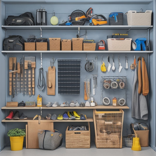 A well-organized garage with a pegboard adorned with hanging baskets, bins, and tools, alongside a slatwall with neatly arranged sports equipment, and a sleek shelving unit with labeled storage containers.