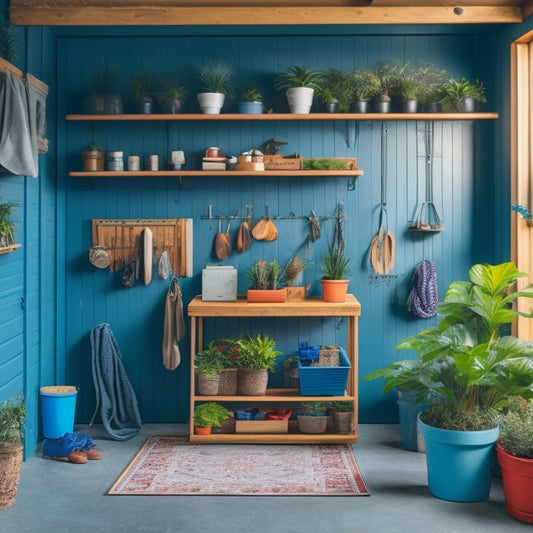 A bright, organized garage with a sleek epoxy-coated floor, pegboard with neatly hung tools, and a DIY shelving unit built from reclaimed wood, surrounded by a few well-placed potted plants.