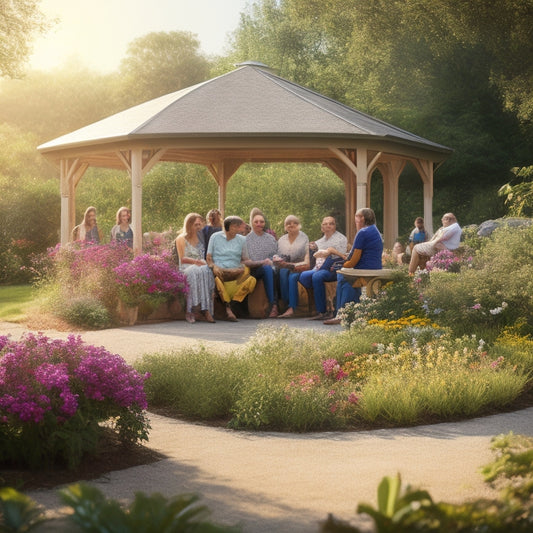 A serene, sunlit scene of a newly built shelter with people of diverse ages and backgrounds entering or sitting outside, surrounded by lush greenery and vibrant flowers in bloom.