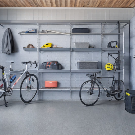 A well-organized garage interior with Fleximounts shelving units installed, holding various storage bins, tools, and sports equipment, against a clean, light-gray concrete wall with a few bicycles parked nearby.