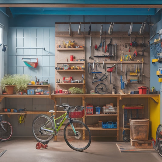 A well-organized garage with a pegboard on the wall, colorful bins on shelves, a workbench with a vice, and a few bicycles and gardening tools hung from the ceiling, all illuminated by natural light.