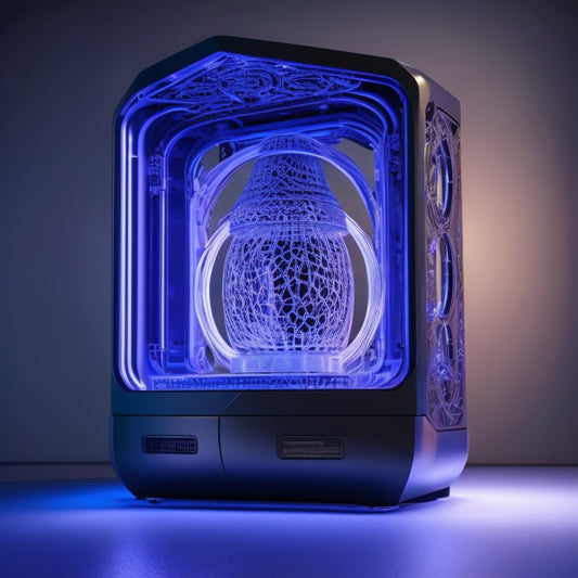 A futuristic, sleek, silver 3D printer at the center, surrounded by a halo of light, with a swirling vortex of colorful, intricate, and complex shapes emerging from its core, set against a dark, gradient blue background.