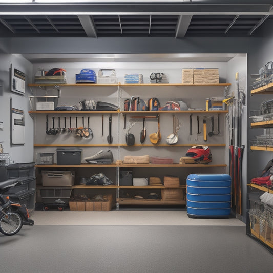 A serene, well-lit garage interior with a newly installed organizer system: sleek metal shelves, bins, and hooks, a parked car in the background, and a few strategically placed tools and sports equipment.
