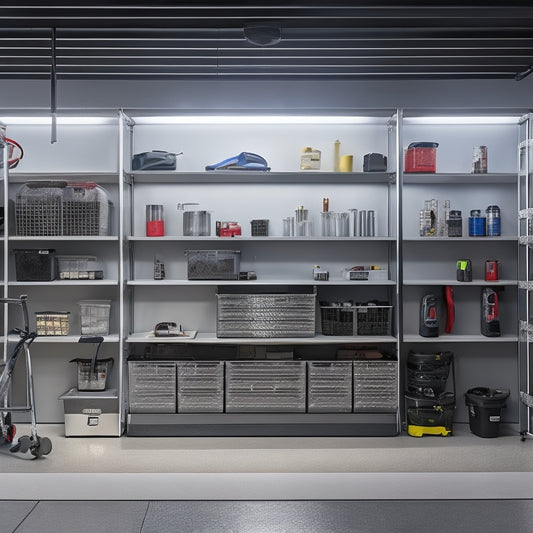 A well-organized garage with sleek, silver cabinets, labeled bins, and a pegboard adorned with hanging tools, set against a clean, gray concrete floor and illuminated by bright, overhead LED lights.