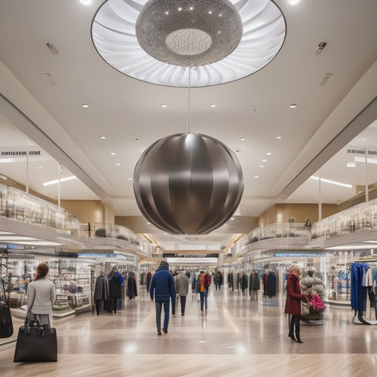 A sleek, modern shopping mall interior with a mesmerizing Woozoo globe fan suspended from the ceiling, its blades spinning gently, surrounded by trendy clothing racks and stylish shoppers gazing upward in wonder.