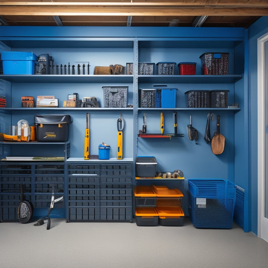 A tidy garage with a wall lined with adjustable, powder-coated steel shelves in a sleek, modern design, holding various tools, bins, and accessories in a well-organized manner.