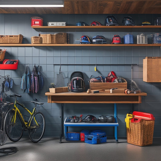 A tidy, well-lit garage with a slotted pegboard on the wall, holding various small items like bike helmets, baskets, and toolboxes, alongside labeled bins and a shelf with stacked clear storage containers.