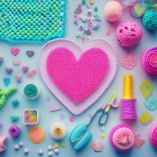 A vibrant, pastel-colored background with scattered Perler beads in various heart shapes and sizes, surrounded by scattered craft supplies like beads, strings, and scissors.