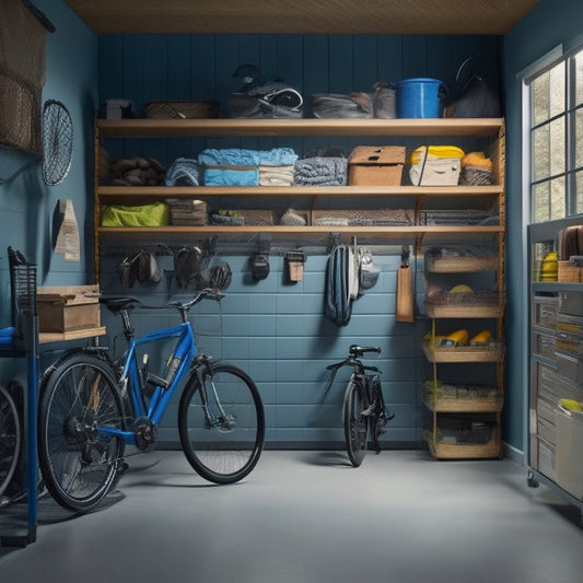 A well-lit, organized garage interior with a senior-friendly storage system: adjustable shelving, labeled bins, and a slatted wall with hanging bikes, tools, and a walker, all within easy reach.