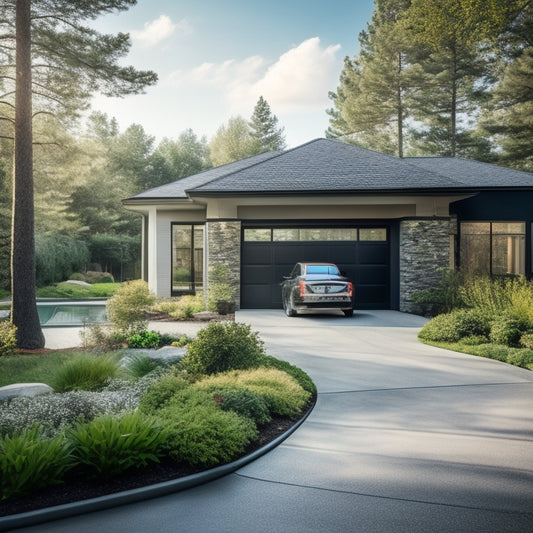 A serene suburban home with a modern, sleek garage featuring large windows, a metal roof, and a trendy glass door, surrounded by lush greenery and a meandering stone pathway.