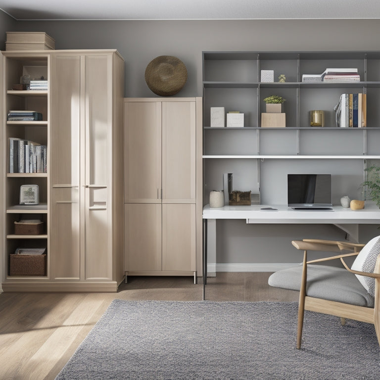 A clutter-free, minimalist living room with a murphy bed, a compact desk with a laptop, and a sleek shelving unit with a few, carefully selected decorative items.