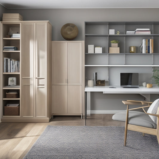 A clutter-free, minimalist living room with a murphy bed, a compact desk with a laptop, and a sleek shelving unit with a few, carefully selected decorative items.