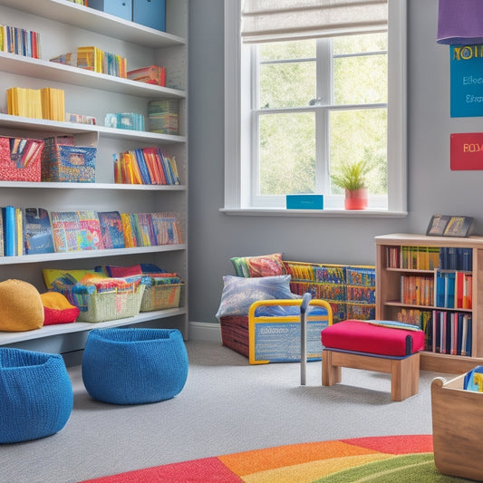 A tidy classroom library with labeled bookshelves, baskets, and bins, featuring a rainbow-colored book cart, cozy reading nook, and a few scattered pillows in a calming, muted color scheme.