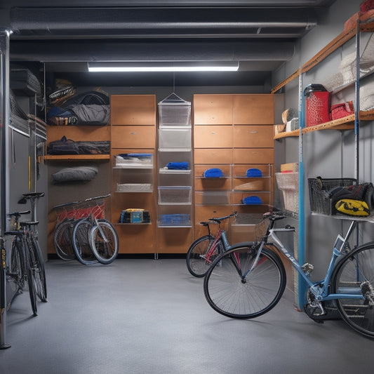 A well-lit, organized garage with sleek, silver, elevated DIY shelves, holding various storage bins, tools, and bicycles, against a clean, gray concrete wall and a polished, epoxy-coated floor.