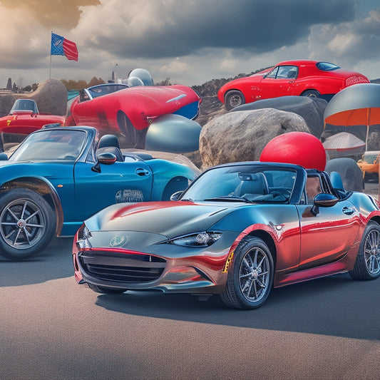 A stylized illustration of a Miata parked in front of a giant forum thread, with speech bubbles and comments swirling around it, surrounded by icons of laptops, smartphones, and racing flags.