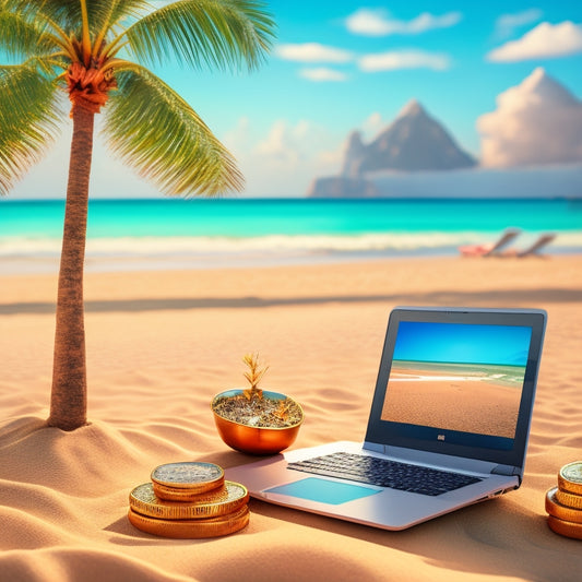 An illustration of a serene, sun-kissed beach with a laptop and a palm tree in the foreground, surrounded by miniature golden coins and growing plants with currency leaves.