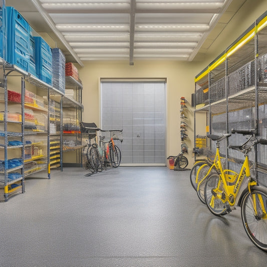 A well-organized large garage with epoxy-coated floors, featuring a slatwall with hooks, bins, and baskets, a modular shelving system, and a ceiling-mounted storage rack for bikes and accessories.