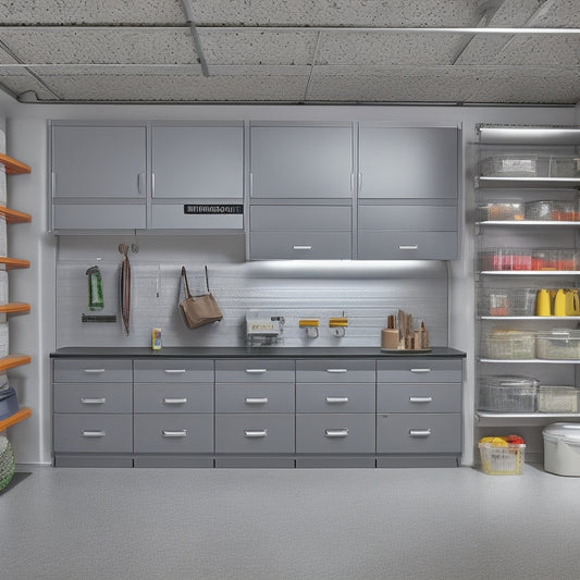A modern, well-lit garage with sleek, gray cabinets, a slatwall with hooks, and a modular shelving system holding bins, baskets, and a few carefully arranged tools, against a light-gray concrete floor.