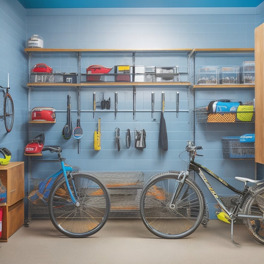 A well-organized garage interior with sleek metal shelving, labeled bins, and a pegboard adorned with hanging tools, set against a clean, light-gray background, with a few strategically placed bicycles and sports equipment.