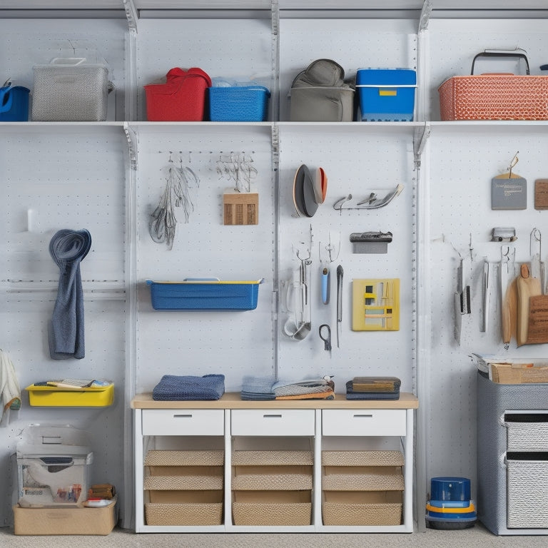 A clutter-free garage with a parked RV, surrounded by sleek shelving units, labeled bins, and a pegboard with hooks holding various tools and accessories, against a light gray background.
