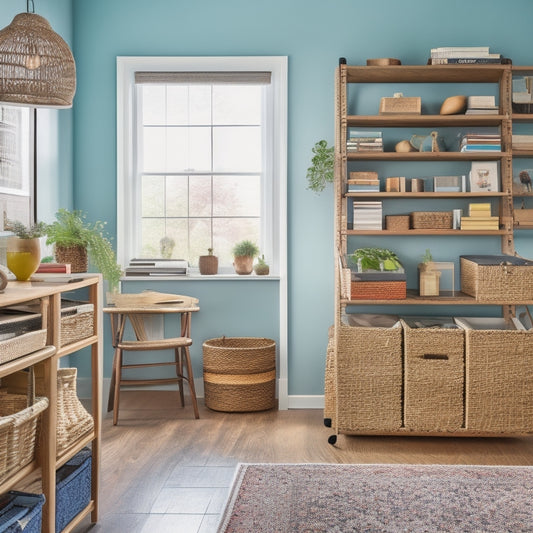 A clutter-free room with a mix of modern shelving units, woven baskets, and colorful bins, alongside a vintage trunk, a ladder bookcase, and a minimalist desk with a few decorative objects.
